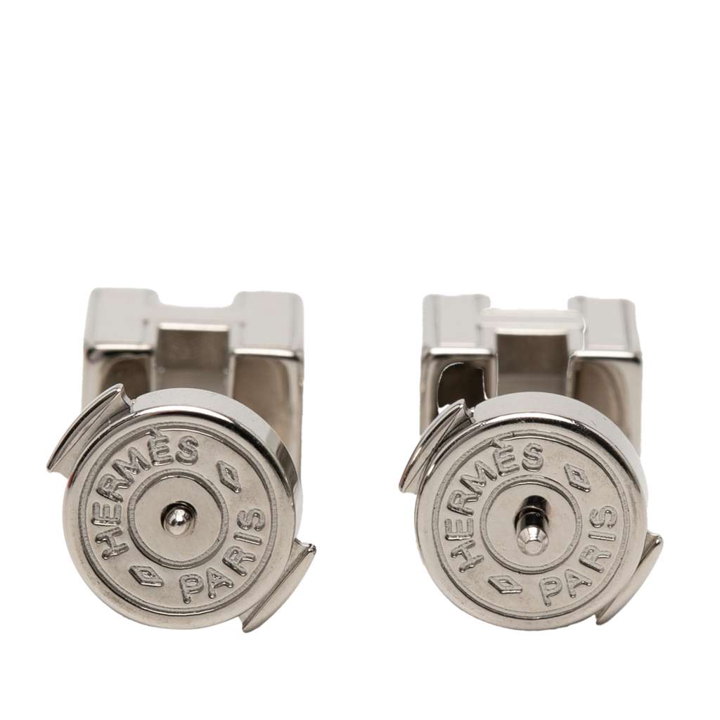 Hermès Palladium Plated and Enamel Cage D H Push Back Earrings Pink Metal Very good condition - Back View