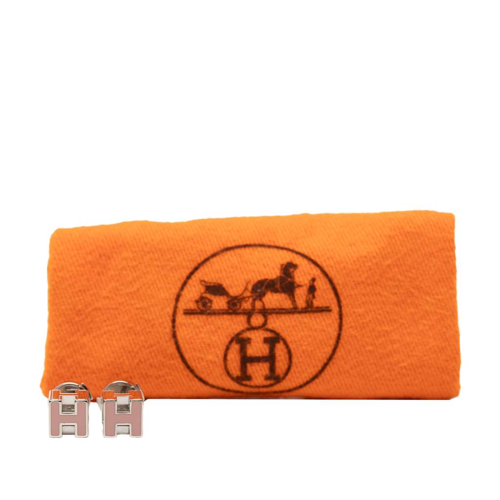 Hermès Palladium Plated and Enamel Cage D H Push Back Earrings Pink Metal Very good condition - Inside View