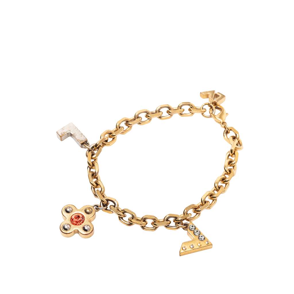 Louis Vuitton Gold Plated Brass and Strass Love Letters Charm Bracelet Gold Metal Very good condition - Back View