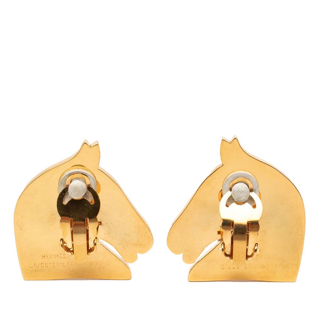 Hermès Gold Plated Bijouterie Fantaisie Horse Head Clip On Earrings Gold Metal Very good condition - Back View