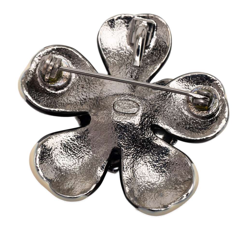 Chanel CC Enamel and Plated Brass Flower and Lady Bug Brooch Black Very good condition - Inside View