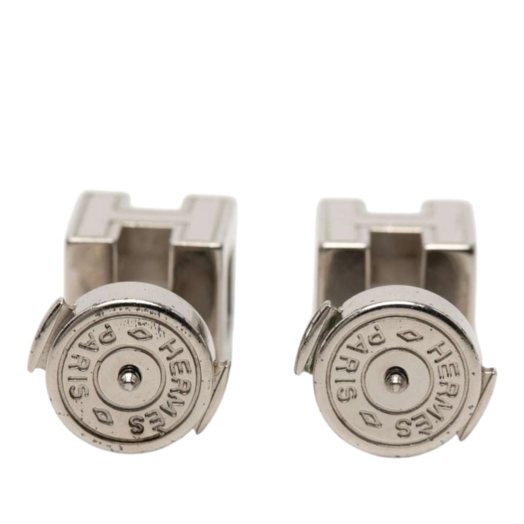 Hermès Palladium Plated Lacquered Cage dH Earrings Silver Metal Very good condition - Back View