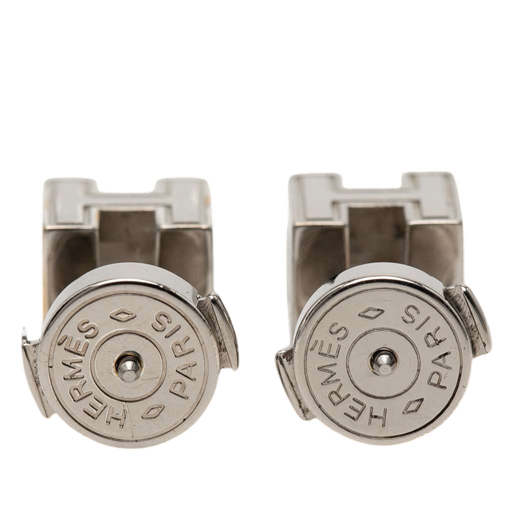 Hermès Palladium Plated Enamel Cage dH Cube Push Back Earrings Pink Metal Very good condition - Back View