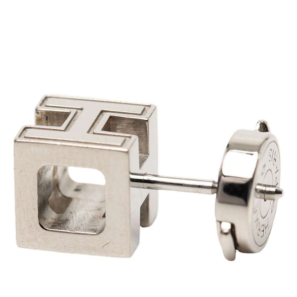 Hermès Palladium Plated Enamel Cage dH Cube Push Back Earrings Pink Metal Very good condition - Inside View
