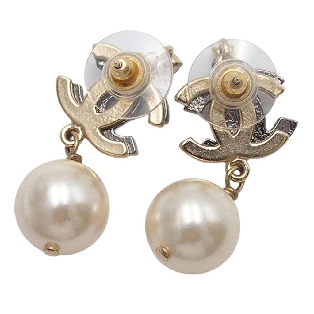 Chanel CC Gold Plated Strass Faux Pearl Drop Push Back Earrings Gold Metal Very good condition - Back View