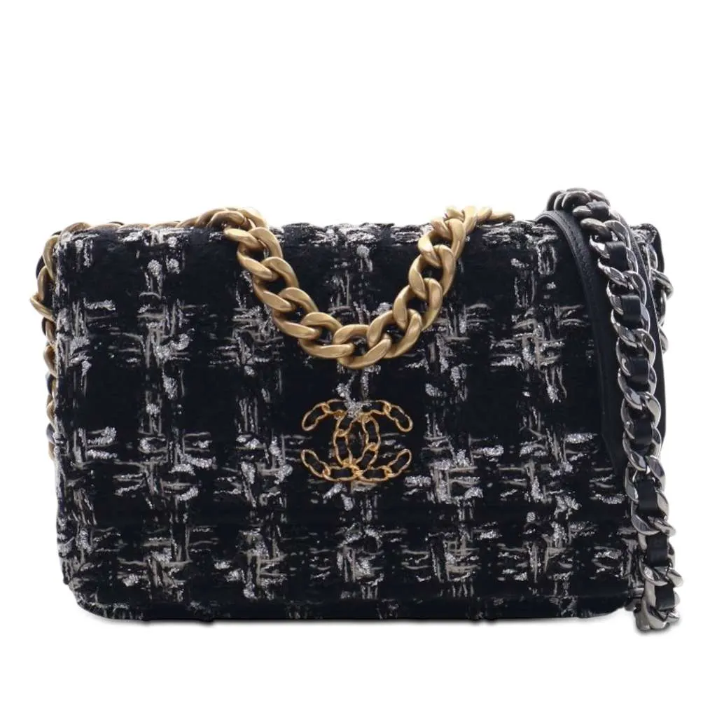 Chanel Tweed 19 Wallet On Chain Black Tweed Very good - Front View