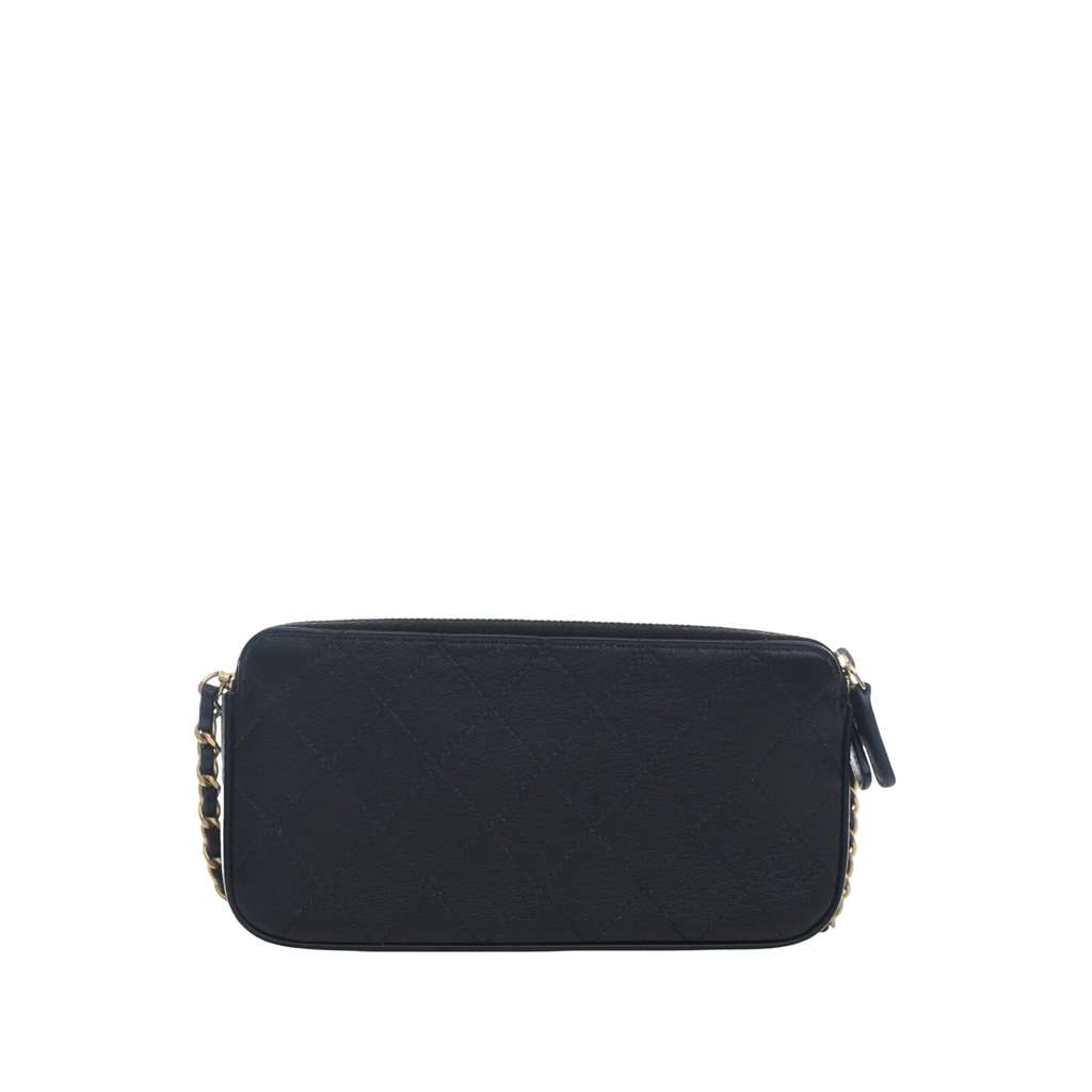 Chanel CC Quilted Goatskin Chic Pearls Double Zip Clutch With Chain Black Leather Very good condition - Back View