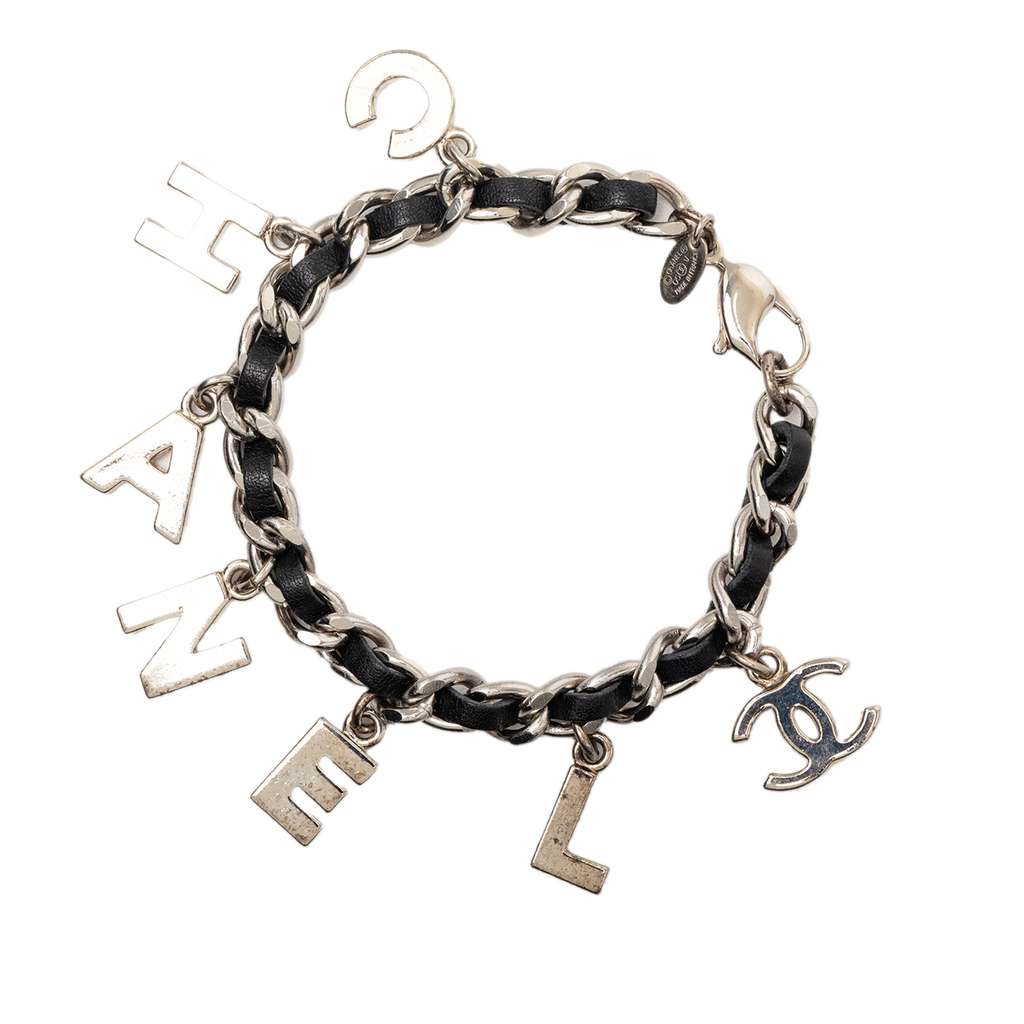 Chanel Silver Plated and Leather Woven Logo Charm Bracelet Silver Metal Very good condition - Back View