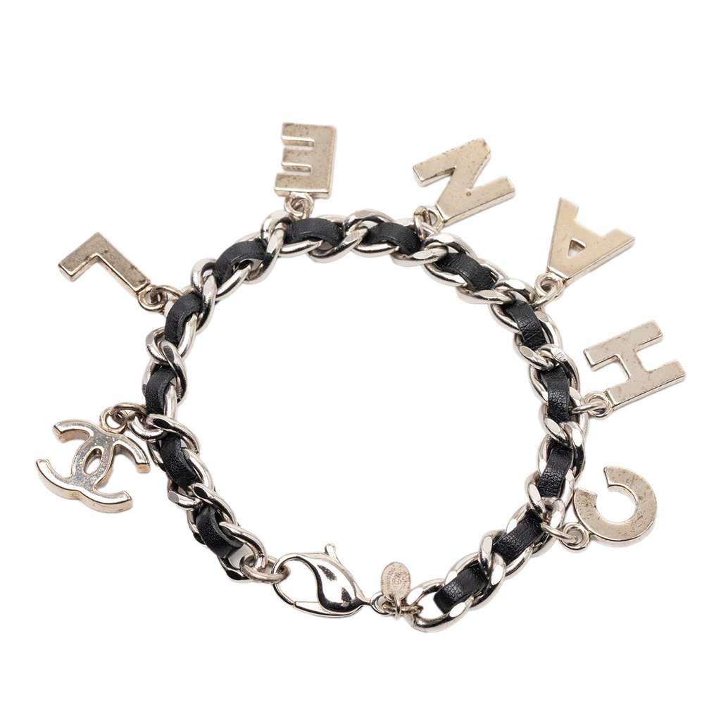 Chanel Silver Plated and Leather Woven Logo Charm Bracelet Silver Metal Very good condition - Inside View