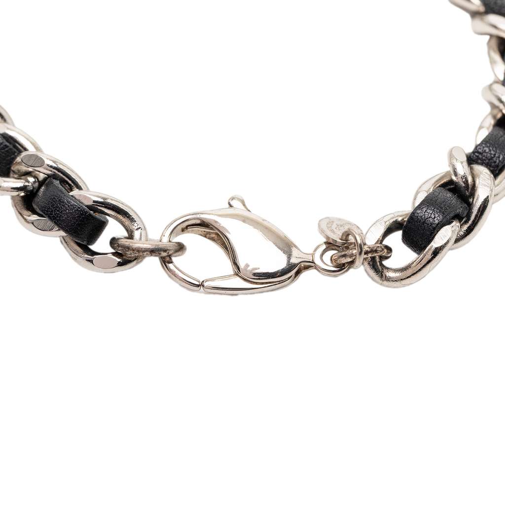 Chanel Silver Plated and Leather Woven Logo Charm Bracelet Silver Metal Very good condition - Model View