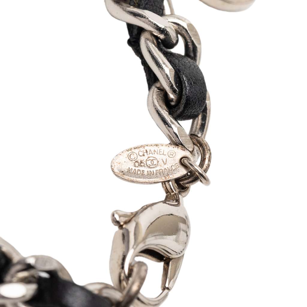 Chanel Silver Plated and Leather Woven Logo Charm Bracelet Silver Metal Very good condition - Box View