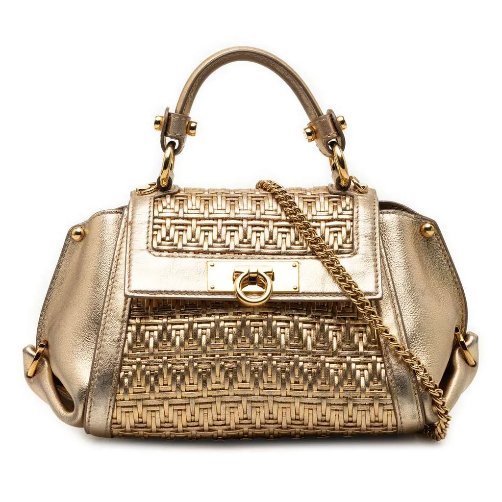 Salvatore Ferragamo Mini Metallic Woven Leather Gancini Sofia Satchel Gold Leather Very good - Front View