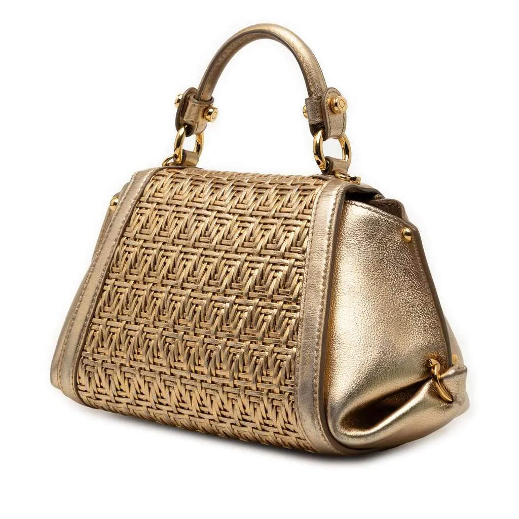 Salvatore Ferragamo Mini Metallic Woven Leather Gancini Sofia Satchel Gold Leather Very good - Back View
