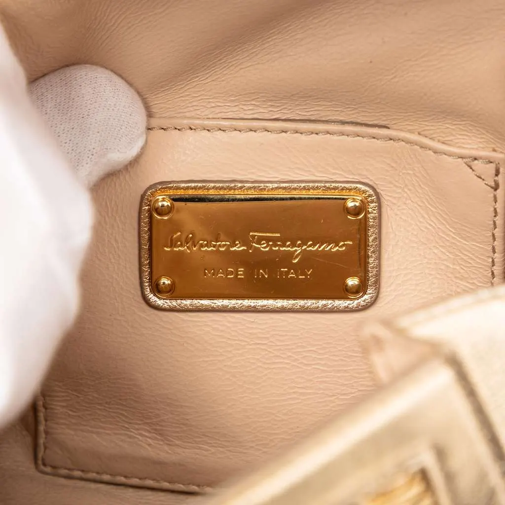 Salvatore Ferragamo Mini Metallic Woven Leather Gancini Sofia Satchel Gold Leather Very good - Box View