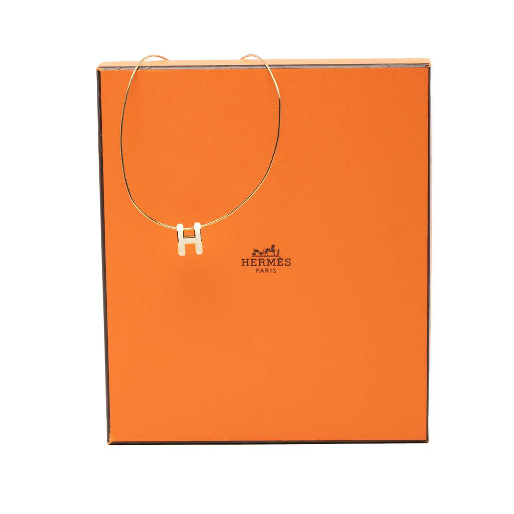 Hermès Gold Plated Enamel Pop H Pendant Necklace White Very good condition - Box View