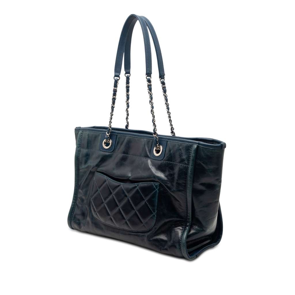 Chanel Small Glazed Calfskin Deauville Tote Blue Leather Very good condition - Back View