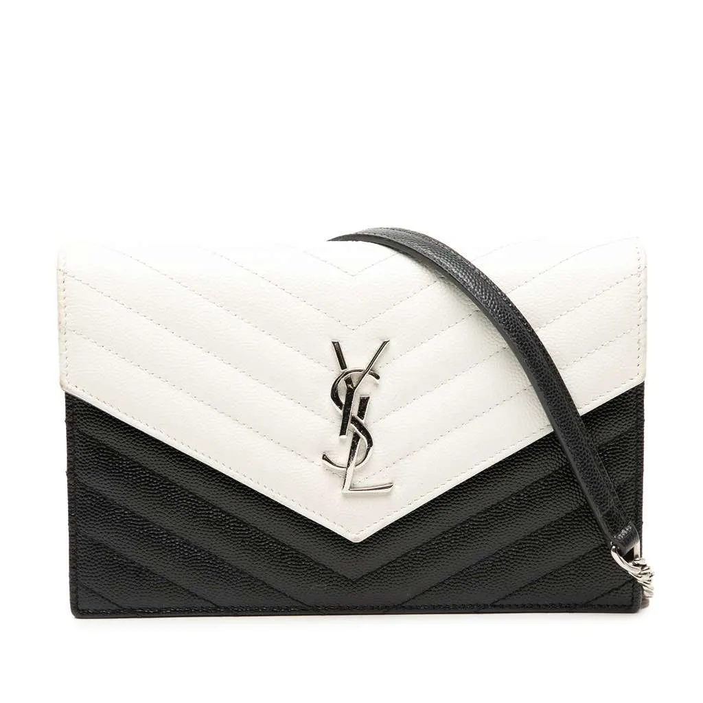 Saint Laurent Bicolor Grain De Poudre Cassandre Envelope Chain Wallet Black Leather Very good - Front View