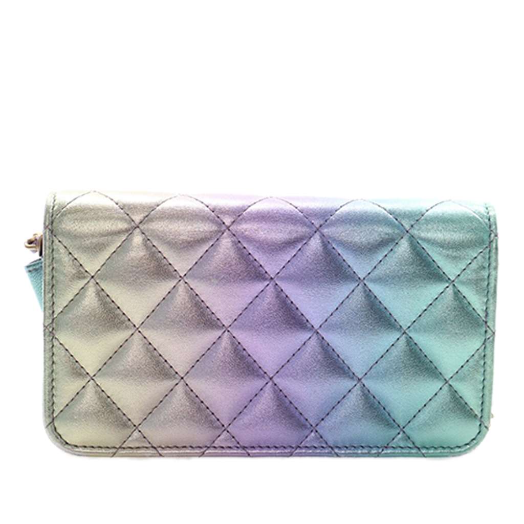 Chanel Mini Lambskin Rainbow Phone Holder With Chain Purple Leather Very good condition - Back View