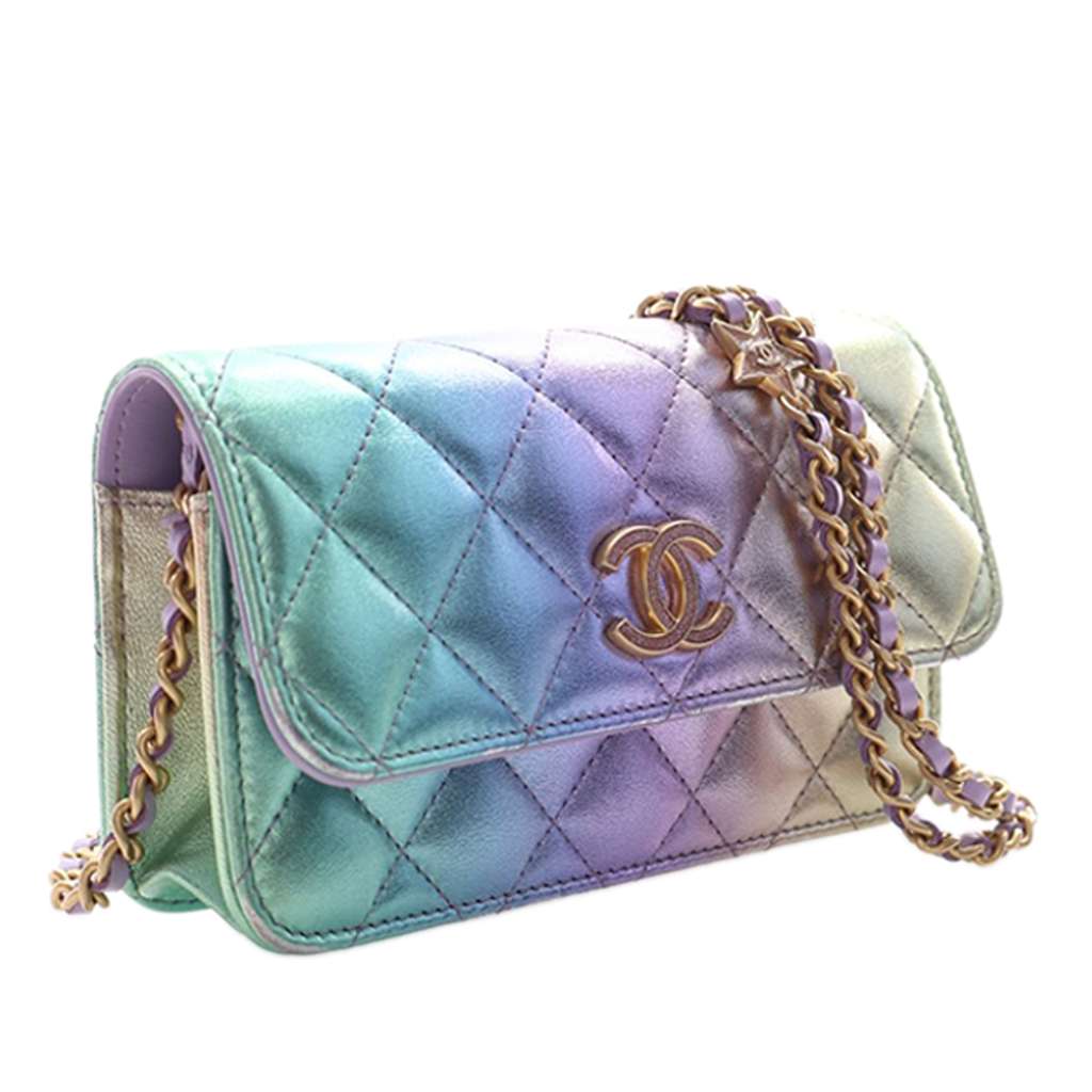 Chanel Mini Lambskin Rainbow Phone Holder With Chain Purple Leather Very good condition - Inside View