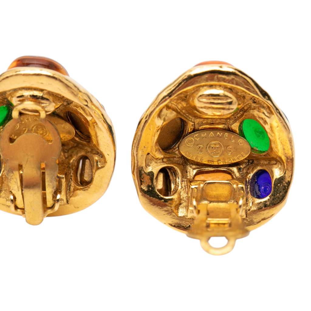 Chanel Gold Plated Multicolor Cabochon Gripoix Clip On Earrings Gold Metal Very good condition - Inside View