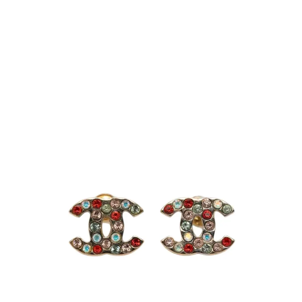 Chanel CC Gold Plated Strass Bullet Back Earrings Gold Metal Very good - Front View