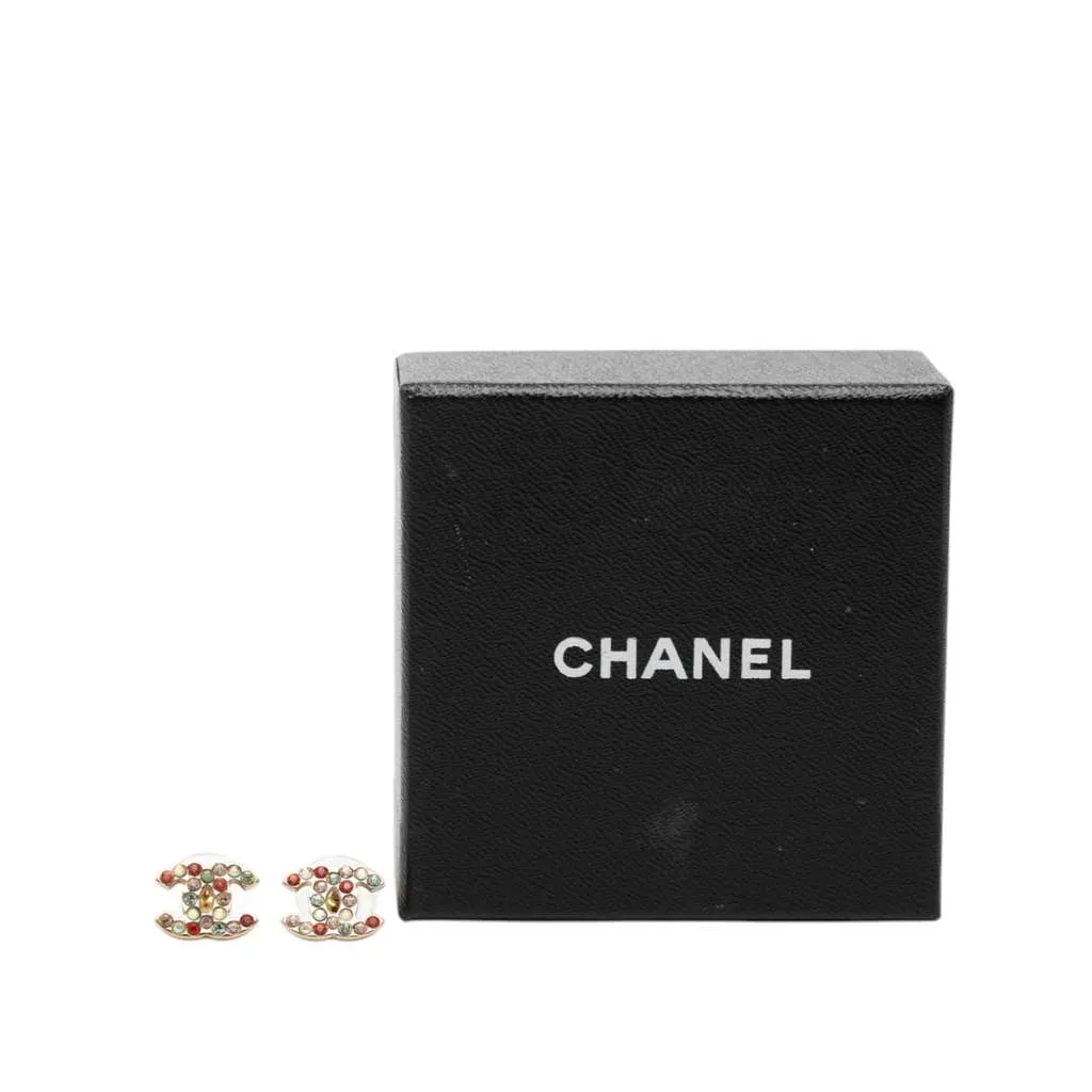 Chanel CC Gold Plated Strass Bullet Back Earrings Gold Metal Very good - Model View