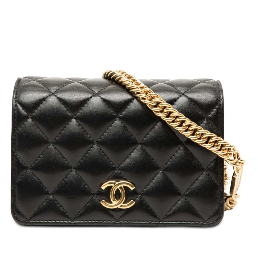 Chanel Mini CC Quilted Lambskin Bijoux Wallet on Chain Black Leather Very good - Front View