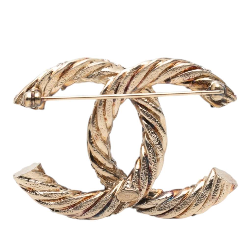 Chanel Gold Plated Twisted CC Crystal Pin Brooch Gold Metal Very good condition - Back View