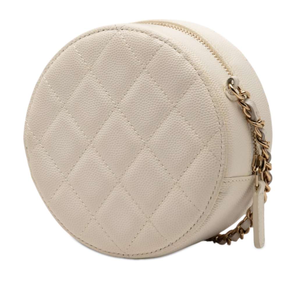 Chanel CC Quilted Caviar Round Clutch With Chain White Leather Very good condition - Back View