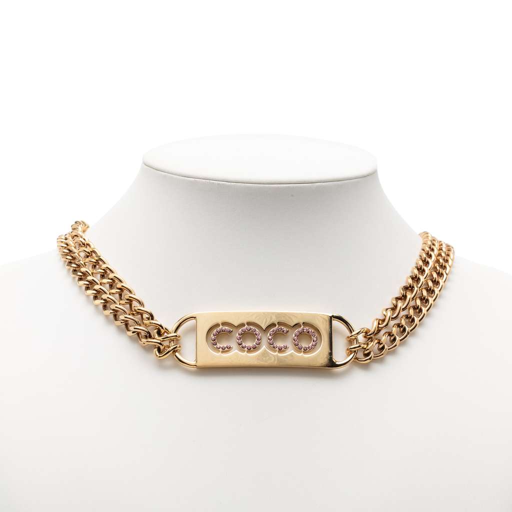 Chanel CC Gold Plated Coco Rhinestones Double Chain Necklace Gold Metal Very good condition - Box View