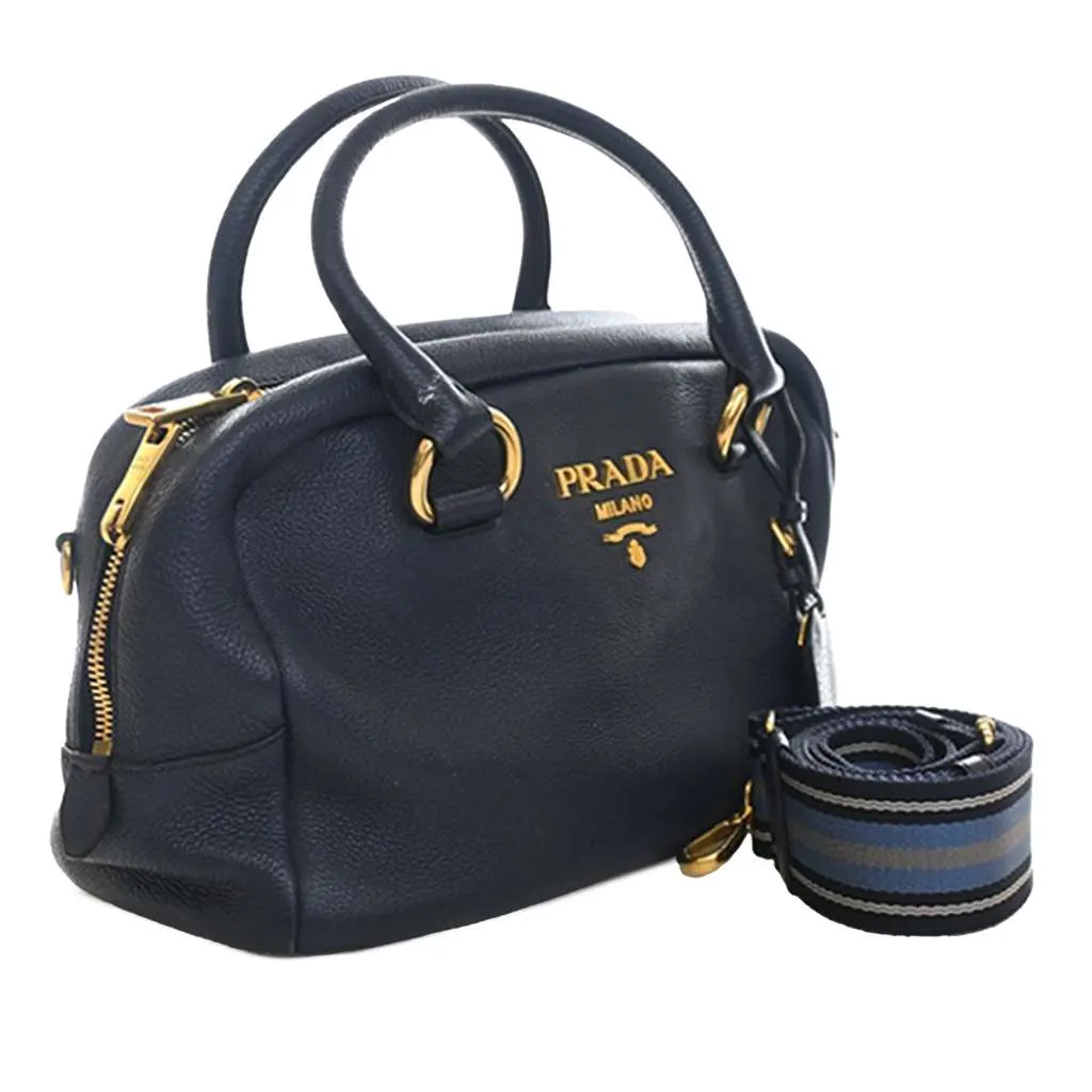 Prada Vitello Phenix Bauletto Satchel Blue Leather Very good - Model View