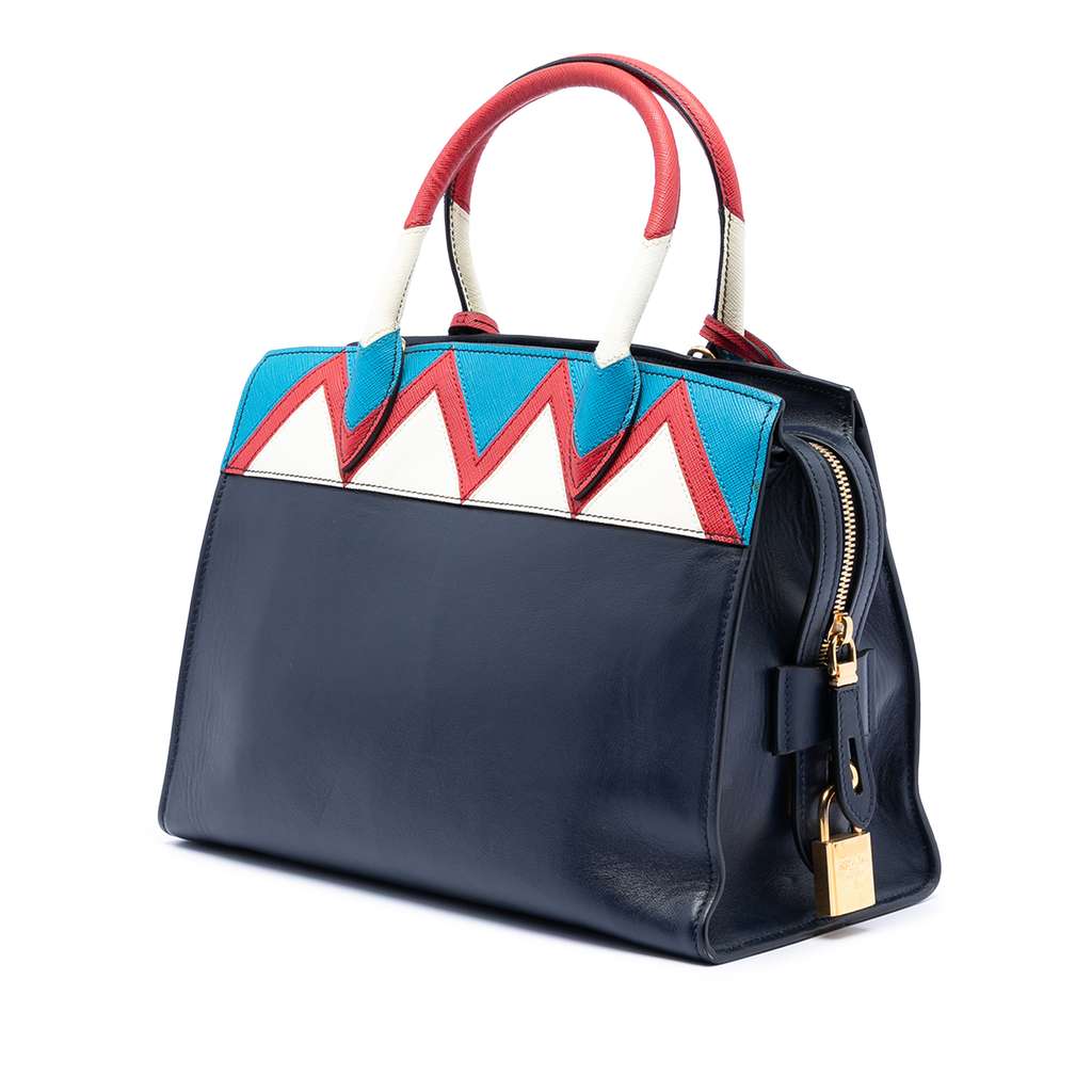 Prada Medium Saffiano Trimmed City Calf Greca Esplanade Satchel Blue Leather Very good condition - Back View