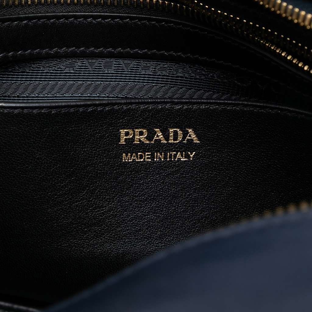 Prada Medium Saffiano Trimmed City Calf Greca Esplanade Satchel Blue Leather Very good condition - Box View