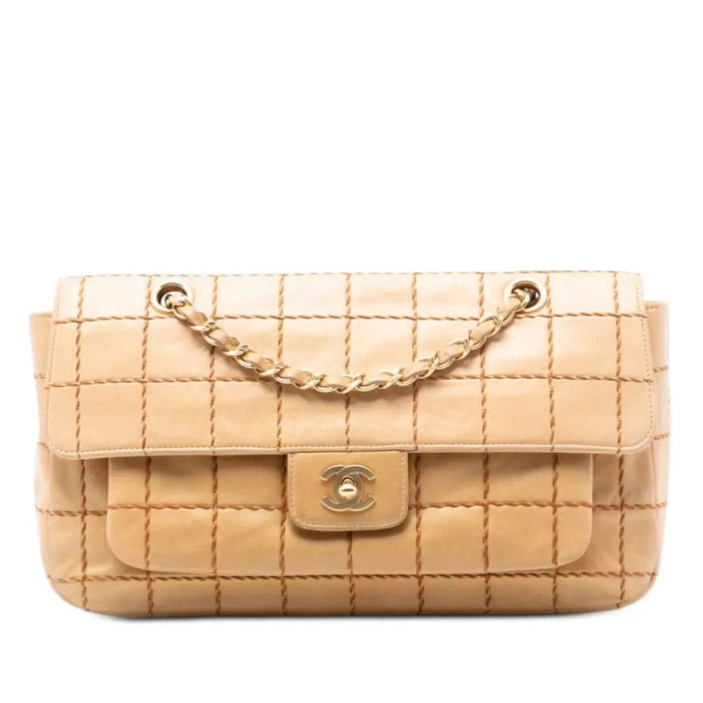 Chanel Chocolate Bar Lambskin Wild Stitch Chain Flap Beige Leather Very good - Front View