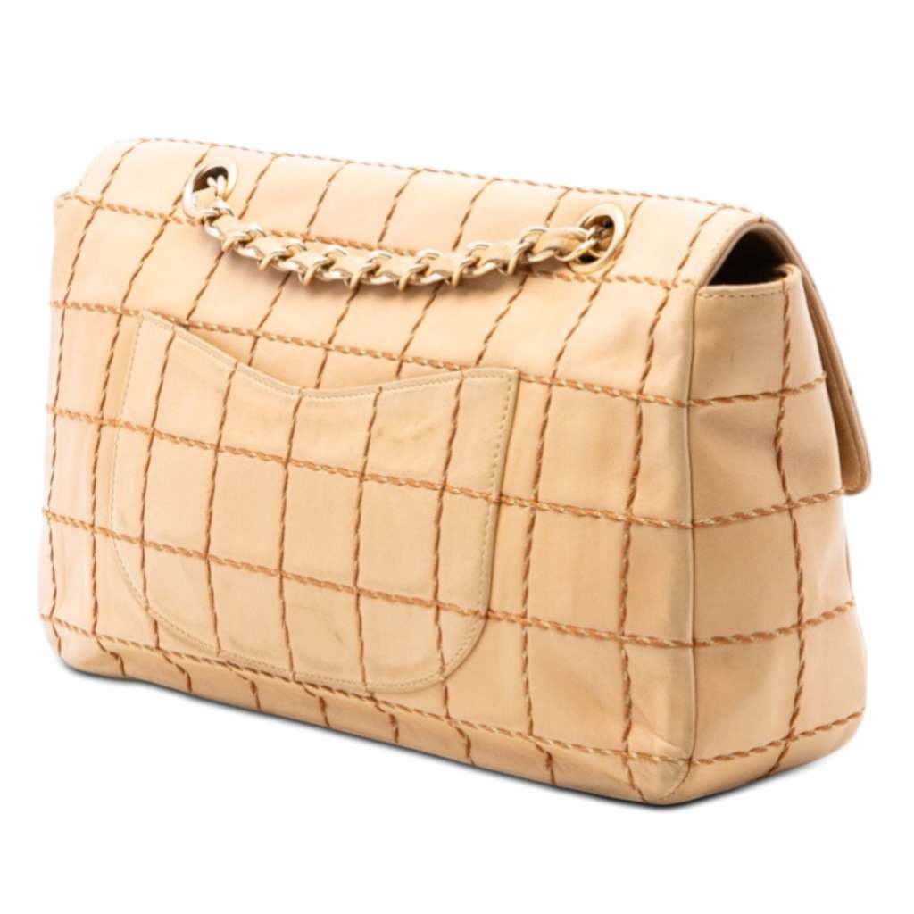 Chanel Chocolate Bar Lambskin Wild Stitch Chain Flap Beige Leather Very good condition - Back View