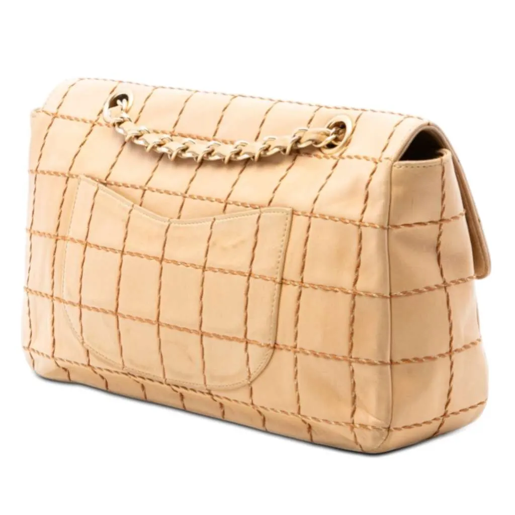 Chanel Chocolate Bar Lambskin Wild Stitch Chain Flap Beige Leather Very good - Back View
