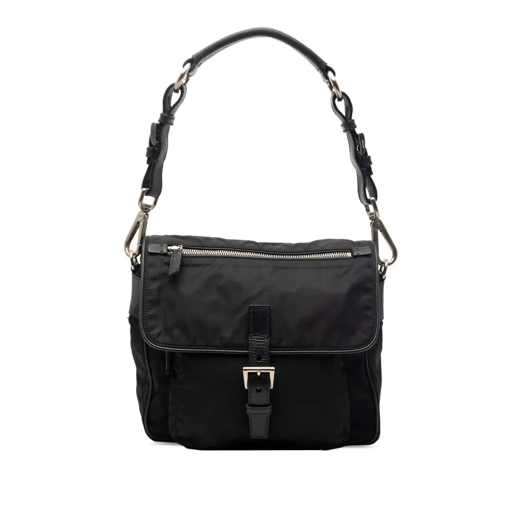 Prada Saffiano Trimmed Tessuto Shoulder Bag Black Very good - Front View