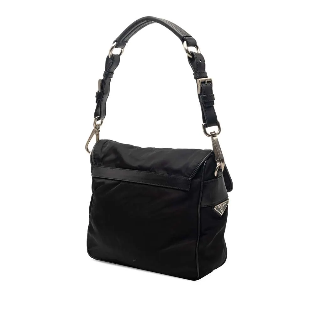 Prada Saffiano Trimmed Tessuto Shoulder Bag Black Very good - Back View