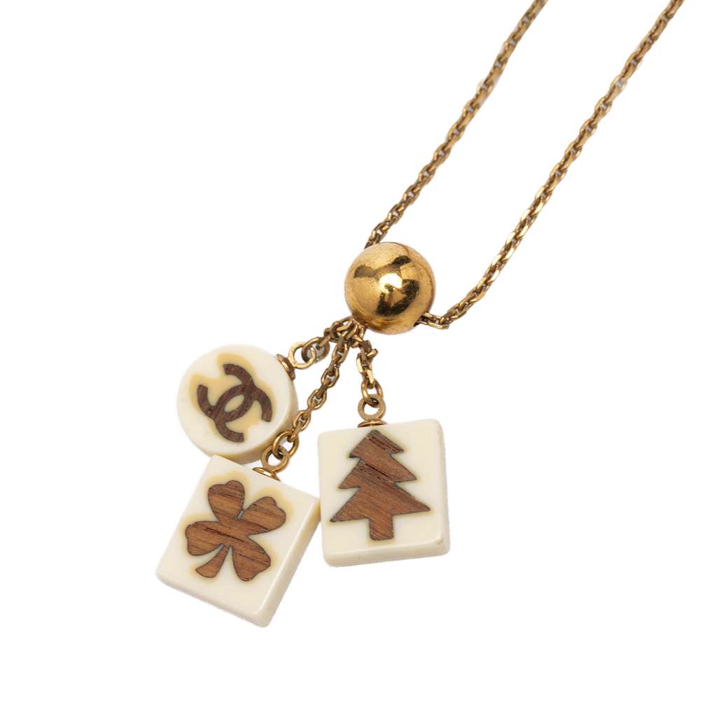 Chanel Gold Plated Resin CC Tree Clover Charms Pendant Necklace Gold Metal Very good condition - Back View