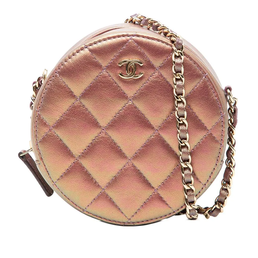 Chanel Quilted Iridescent Lambskin Round Clutch With Chain Purple Leather Very good - Front View