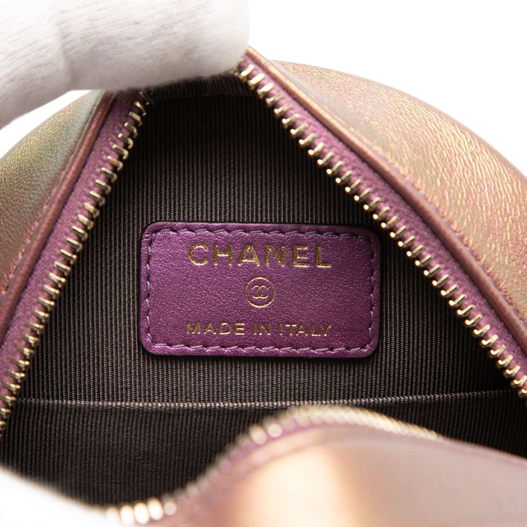 Chanel Quilted Iridescent Lambskin Round Clutch With Chain Purple Leather Very good condition - Box View