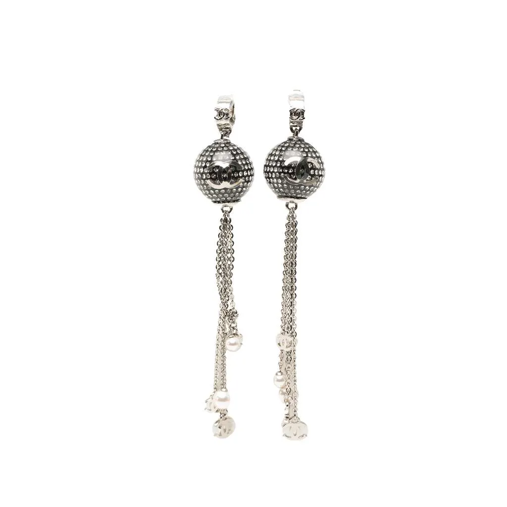 Chanel CC Brass Resin Strass Faux Pearl Disco Ball Drop Clip On Earrings Silver Brass Very good - Front View