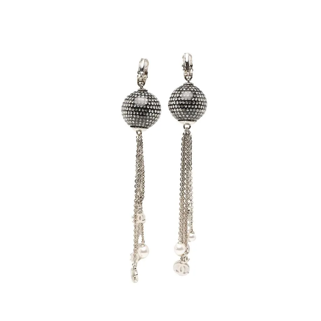 Chanel CC Brass Resin Strass Faux Pearl Disco Ball Drop Clip On Earrings Silver Brass Very good - Back View