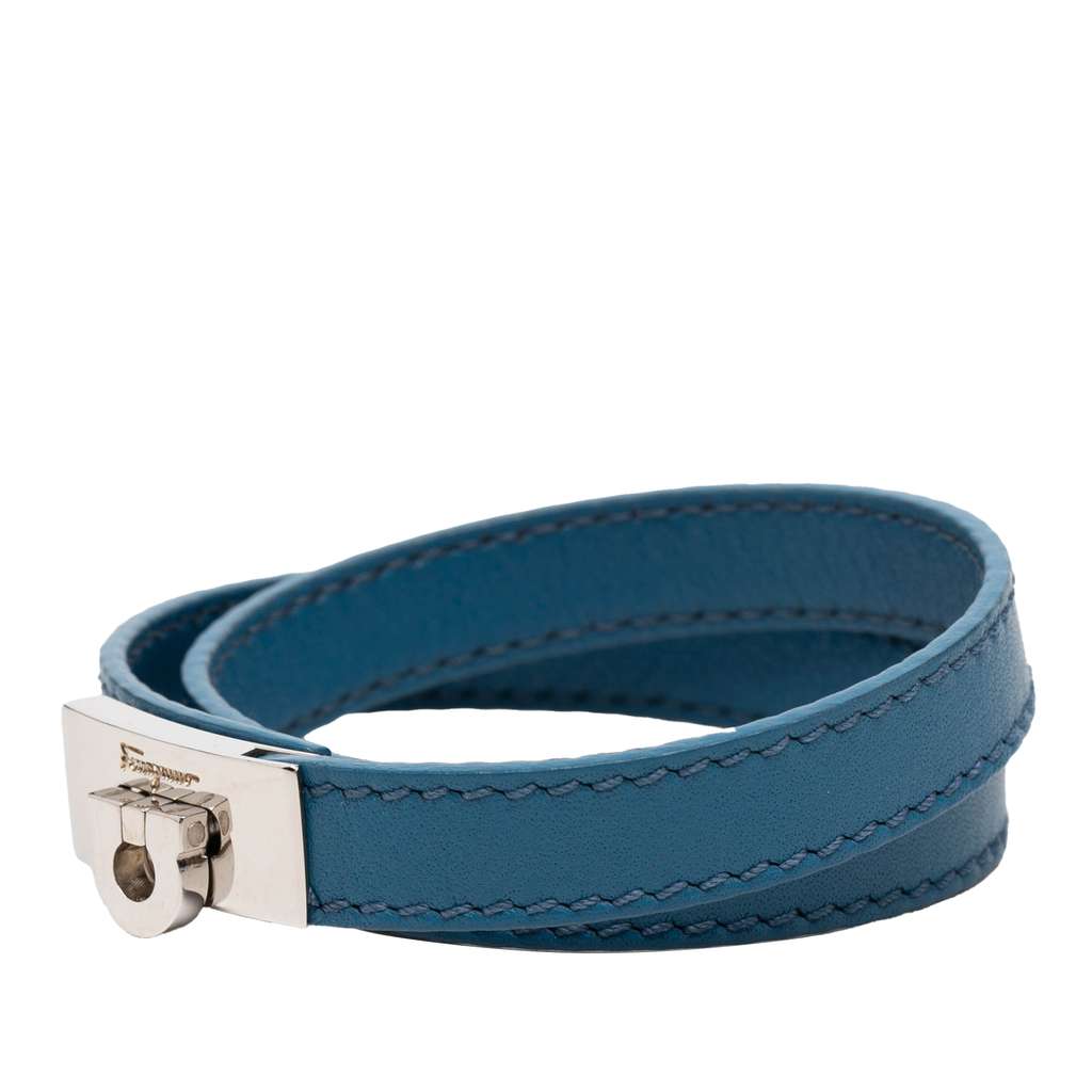 Salvatore Ferragamo Leather Gancini Lock Double Wrap Bracelet Blue Leather Never worn - Back View