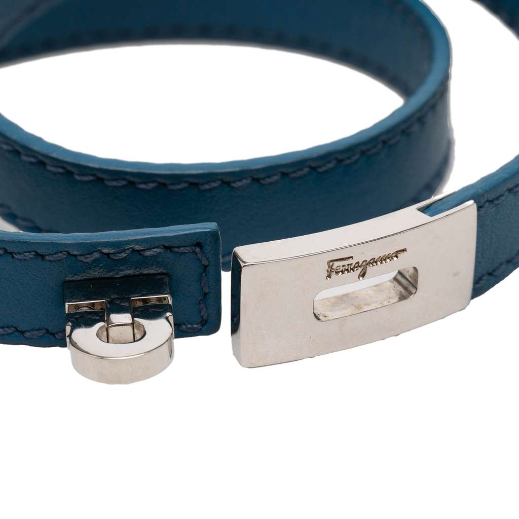 Salvatore Ferragamo Leather Gancini Lock Double Wrap Bracelet Blue Leather Never worn - Box View
