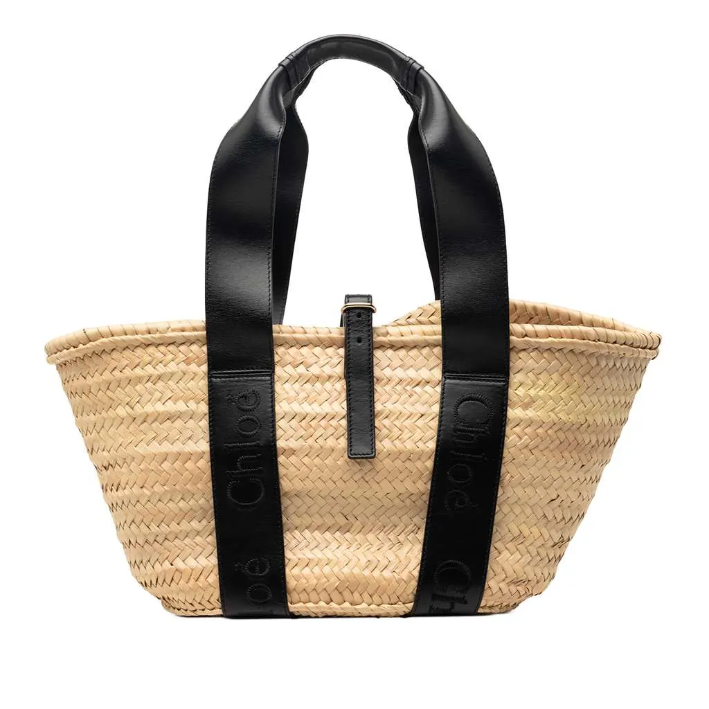 Chloé Medium Raffia and Smooth Calfskin Sense Basket Tote Beige Very good - Front View