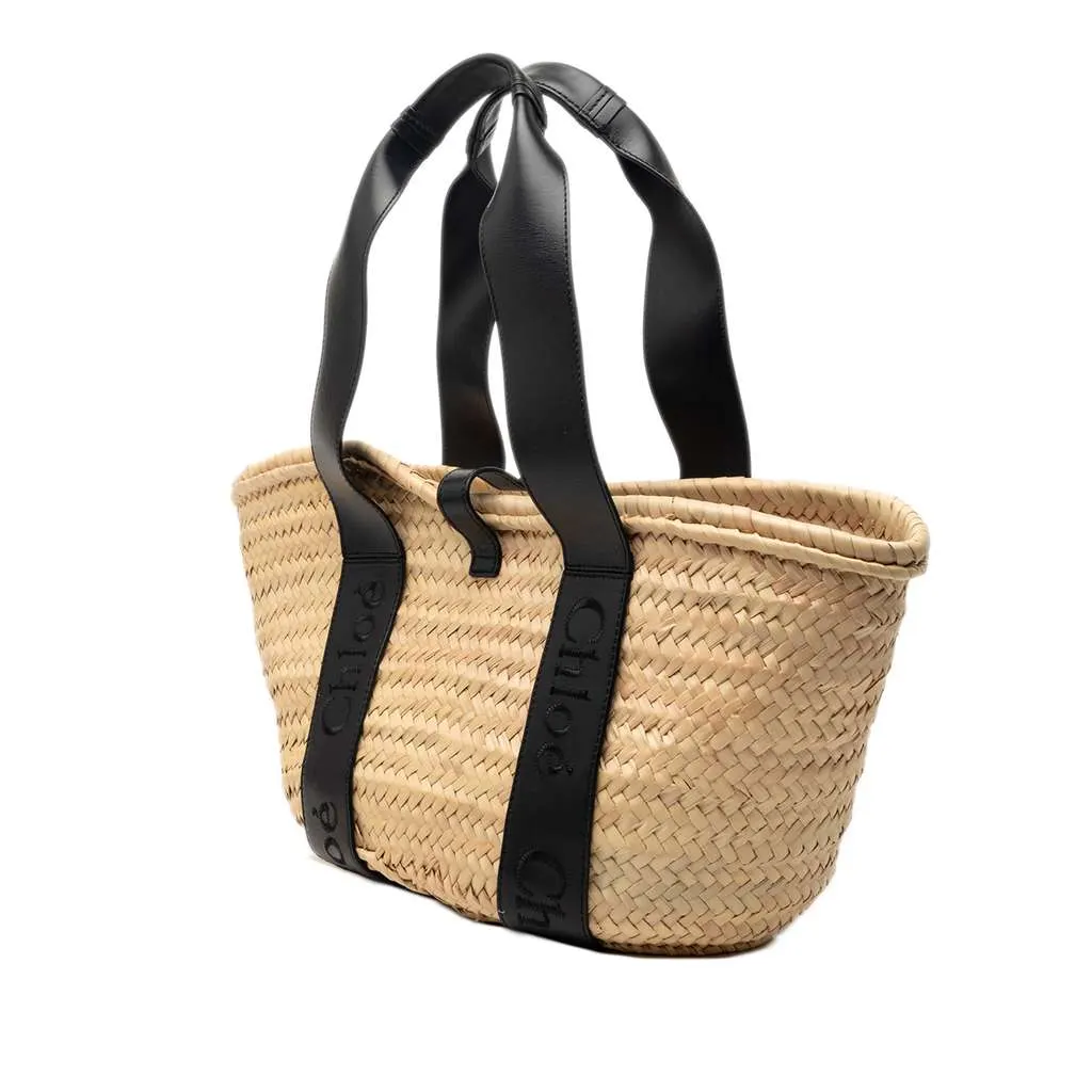 Chloé Medium Raffia and Smooth Calfskin Sense Basket Tote Beige Very good - Back View