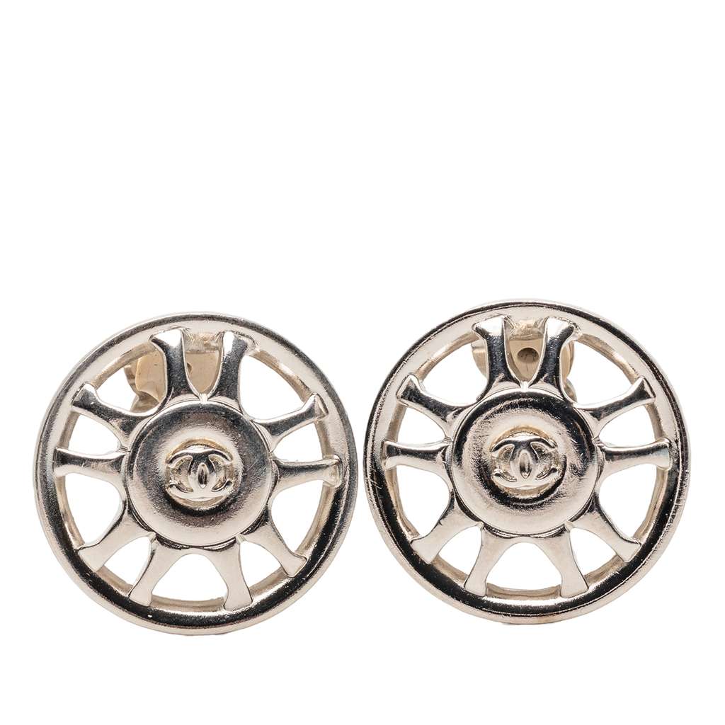 Chanel CC Silver Plated Wheel Clip On Earrings