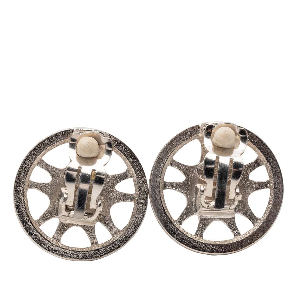 Chanel CC Silver Plated Wheel Clip On Earrings Silver Metal Never worn - Back View