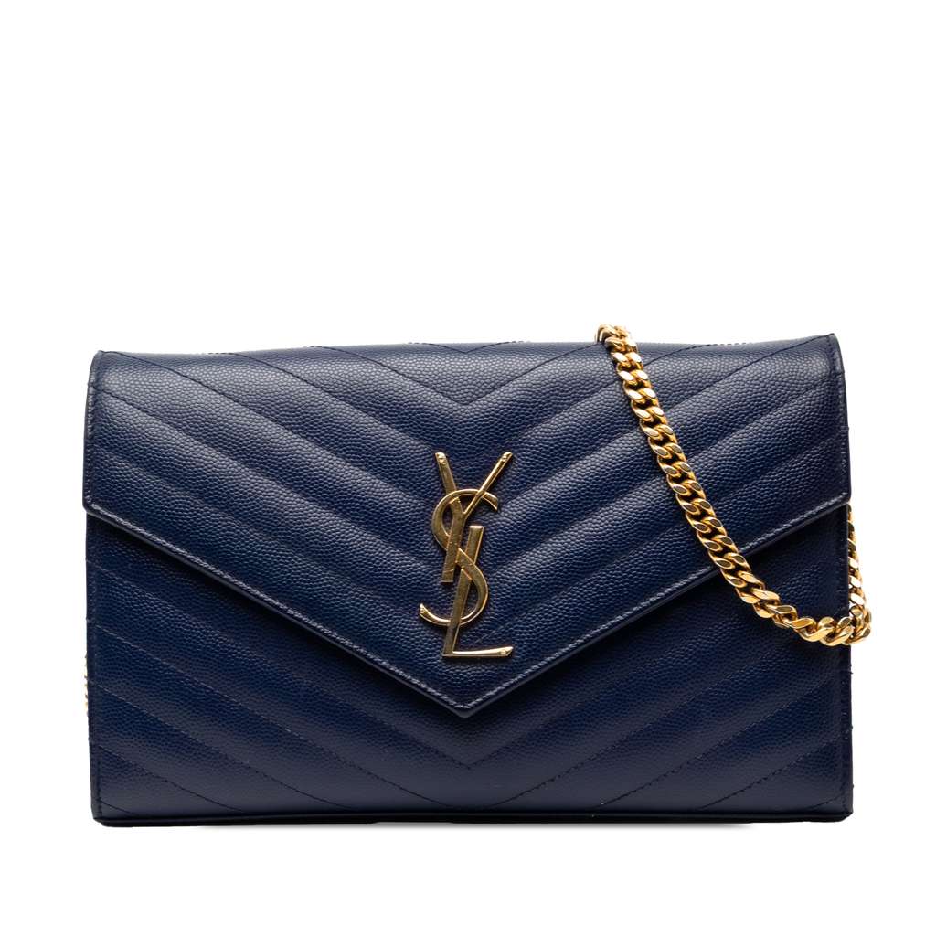Saint Laurent Grain De Poudre Chevron Monogram Envelope Chain Wallet